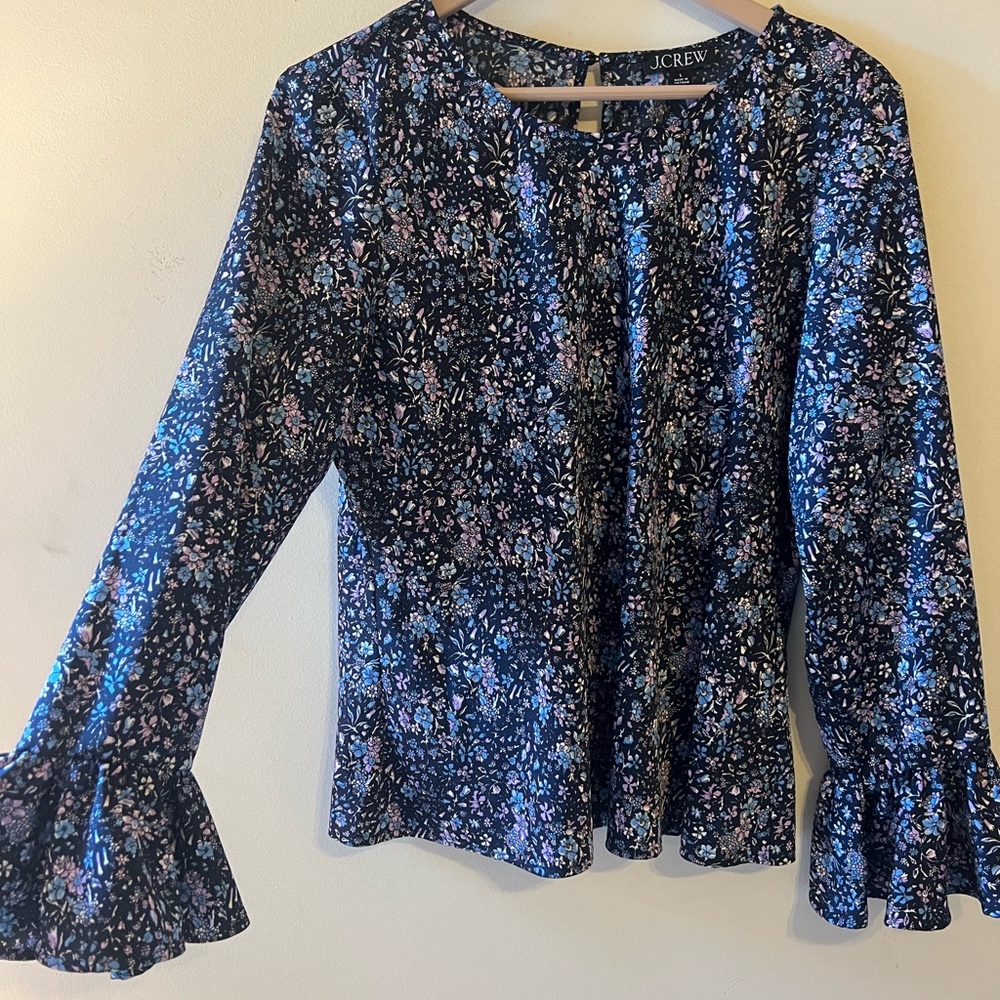 Floral flare sleeved J-crew silk blouse
